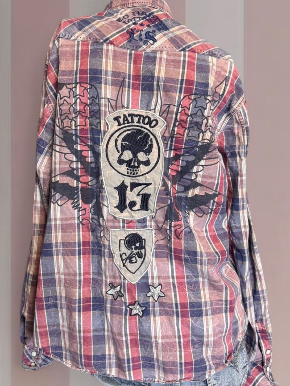 Ed Hardy plaid button up shirt with skull and wings design